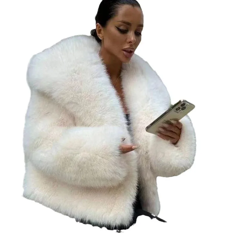 KIDCRKJ الشتاء النساء فو الفراء معطف رقيق لينة كبيرة التلبيب طوق الإناث الفراء الاصطناعي سترة عادية تنوعا سيدة معطف فرو منك #4