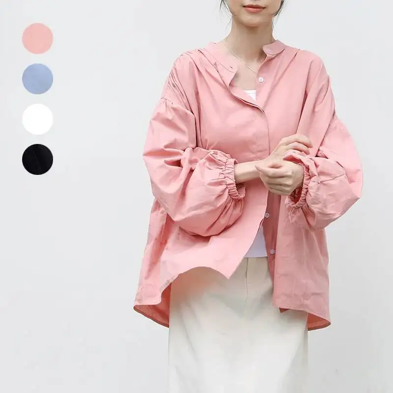 

Женская рубашка Lotte: свежий повседневный стиль, 100% хлопок, однотонная, с полуоткрытым воротником, со спущенным плечом, длинный рукав