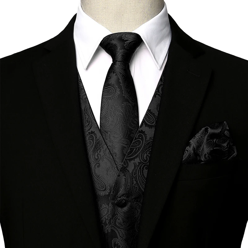 Mens Black Paisley Tuxedo Suit Vest Classic 3pc Vest and Necktie Pocket Square Formal Dress Waistcoat for Suit Gilet Homme 3XL