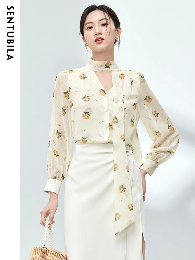 

SENTUBILA Elegant Print Chiffon Tops for Women 2024 Spring Button Up Lace-Up Bow Shirt Ladies Flower Printed Blouses 131V45912