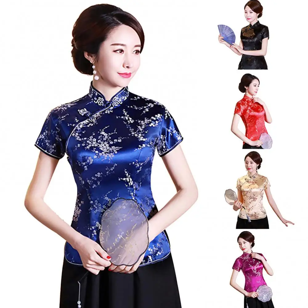 

Women Blouse Buttons Slim Chinese Plum Blossom Short Sleeve Stand Collar Shirt