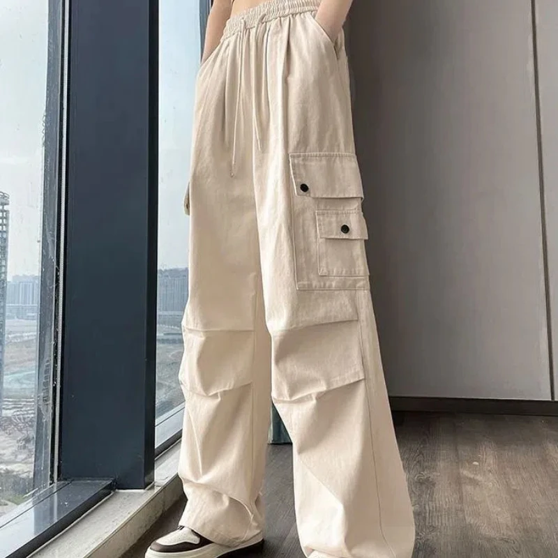 Spring Summer Solid Color Fashion Elastic Waist Drawstring Wide Leg Trousers Women High Street Pockets Patchwork All-match Pants