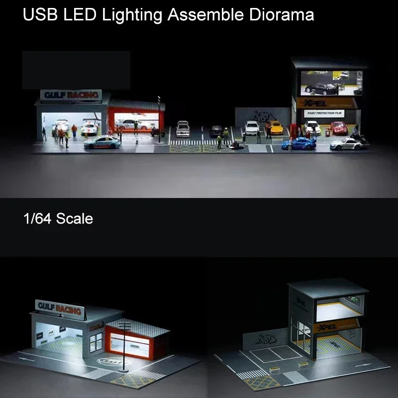 

Assemble Diorama 1:64 Model Car Parking Lot Station W/ LED Lighting Disply Garage