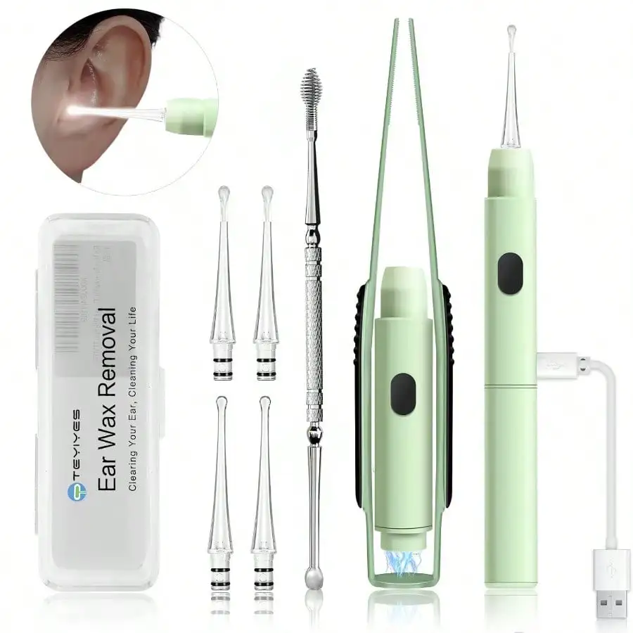 

Upgraded AllinOne Ear Cleaning Tool Set With LED Light Pick Tweezers Spiral Spring Spoon For Adults And Pets Pack Of 7