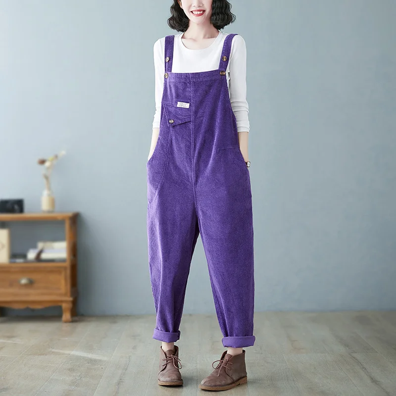 

#2361 Corduroy Jumpsuits For Women Side Pockets Loose Harem Wide Leg Rompers Womens Solid Color Vintage Long Jumpsuit Female