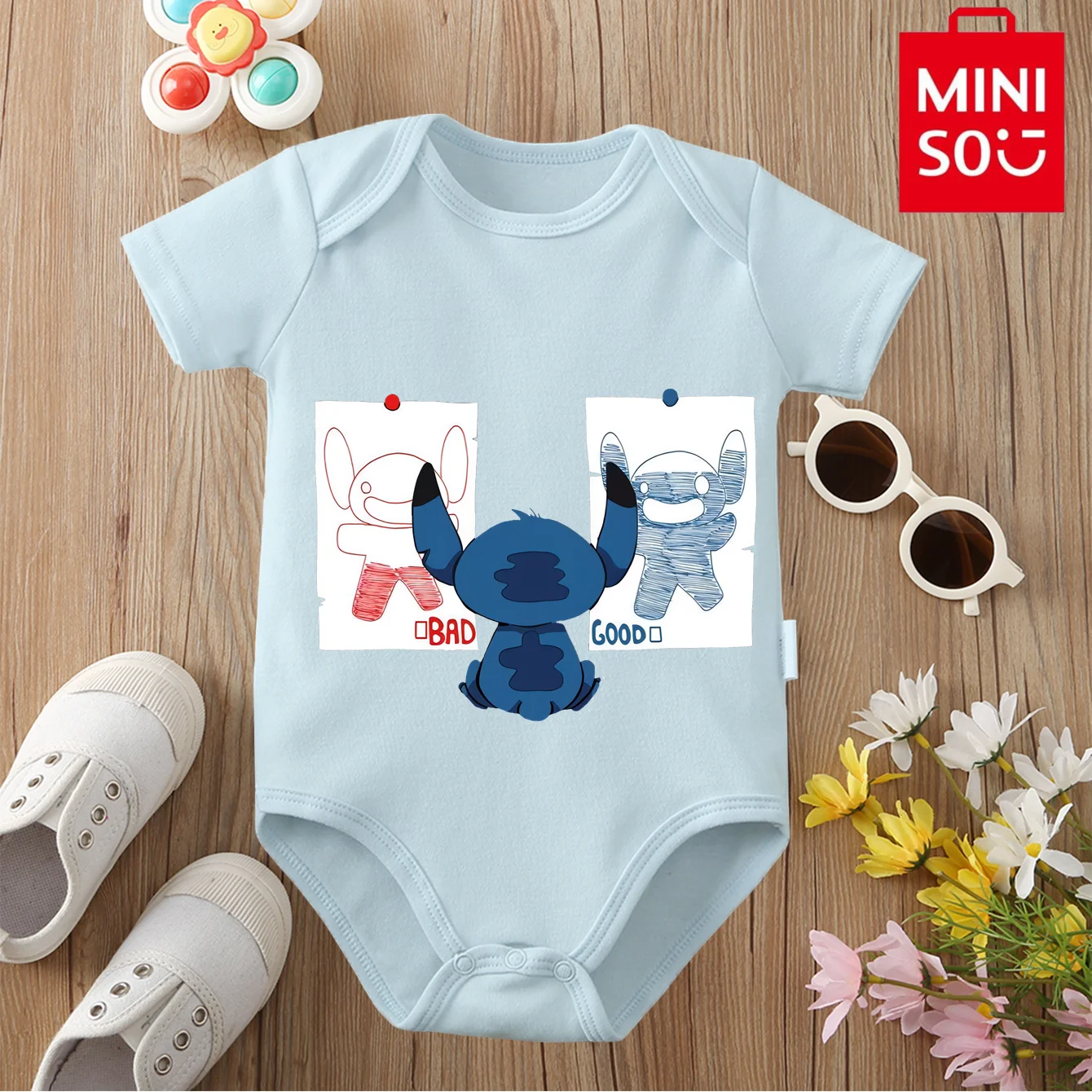 

MINISO&Disney Jointly Signed 100% Cotton Baby Clothe Baby Onesie Bodysuit Stich Double-Face Print for 0 To 12 Months Newborn