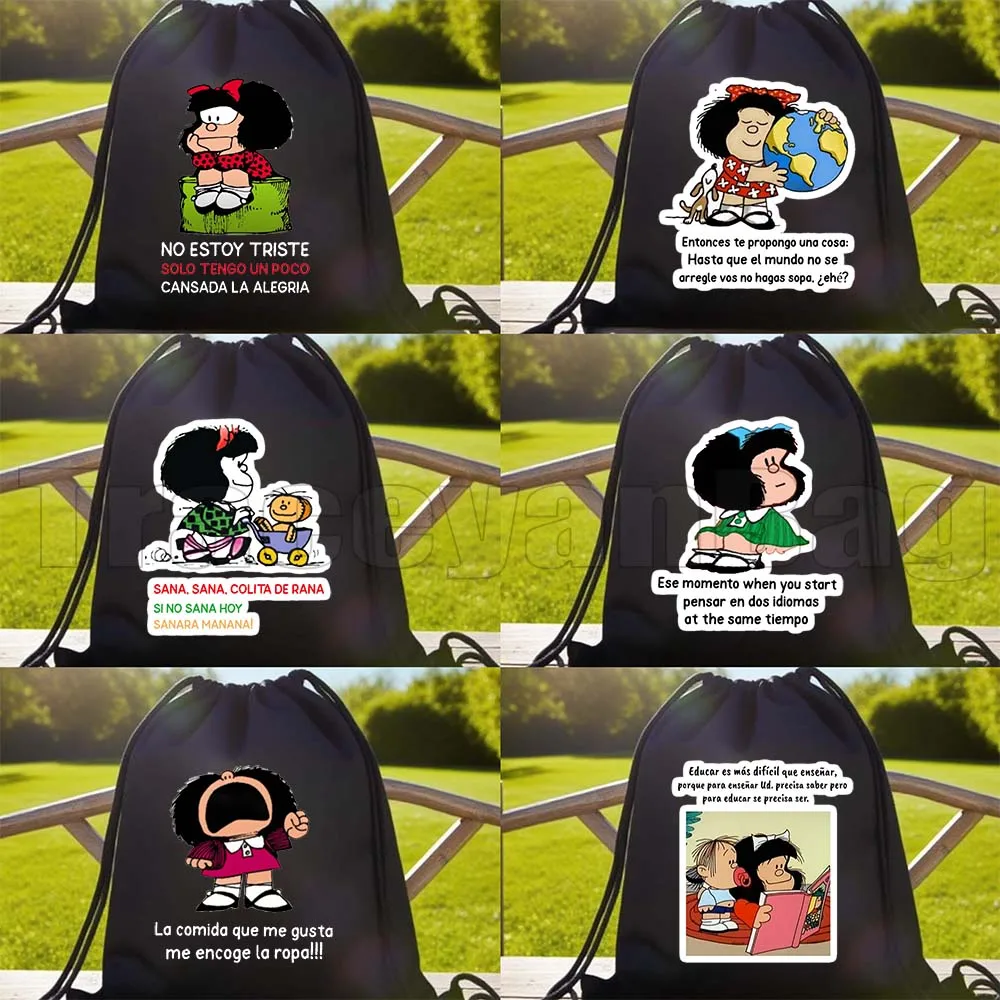 

Kawaii Mafalda Quino Comics Funny Quotes Phrases Spanish French Cartoon Girl Gift Drawstring Soccer Backpack Sackpack String Bag