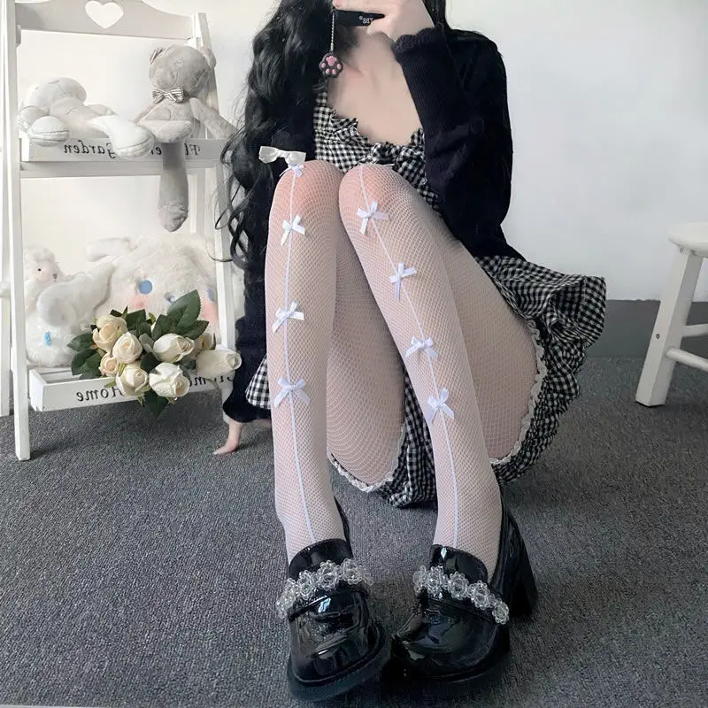 Women  Mesh Fishnet Tights Stockings Pantyhose Bows Transparent Gothic Party Club White Black Women Netting Socks Lingeries