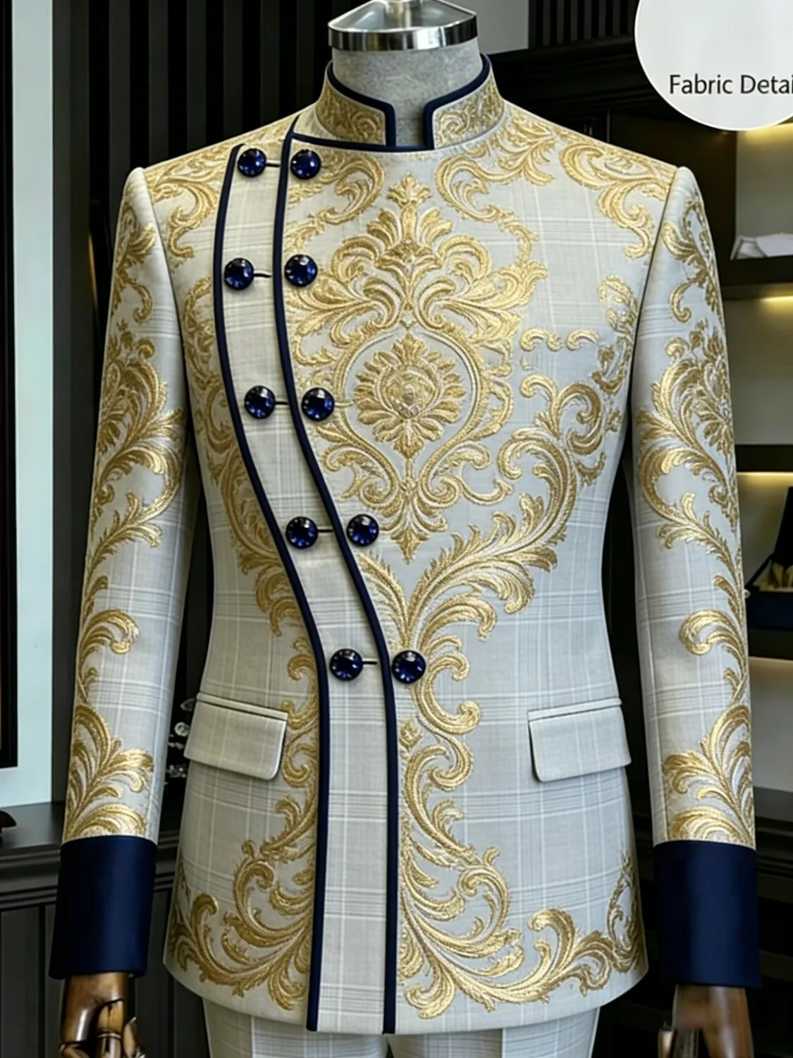 Men Luxury Gold Print Suit Jacket Mandarin Collar Asymmetric Button Plaid Slim Fit Wedding Groom Blazer Formal Party Tuxedo Coat