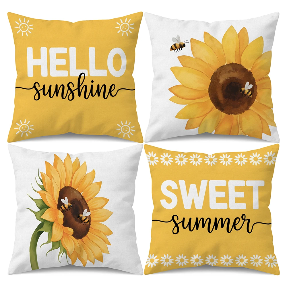 

Bee Sunflower Pillow Covers 18x18 Inch Set of 4, Double-Sided Hello Sunshine Sweet Summer White Linen Cushion Covers for Sofa