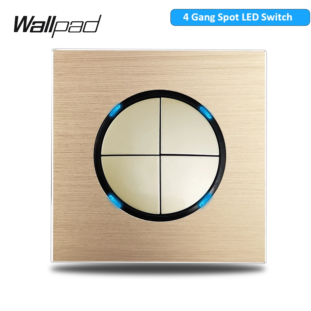 Wallpad gouden wandlichtschakelaar met ronde LED-nachtlampknop 1 2 3 4-voudig geborsteld aluminium metalen paneel, dimmer