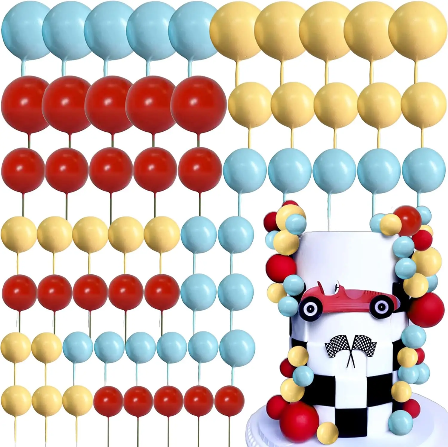 60 uds. De adornos para tarta de bolas para niños, decoraciones para tarta de primer cumpleaños, bolas, decoraciones para tarta para coches de carreras, decoraciones para tarta de cumpleaños