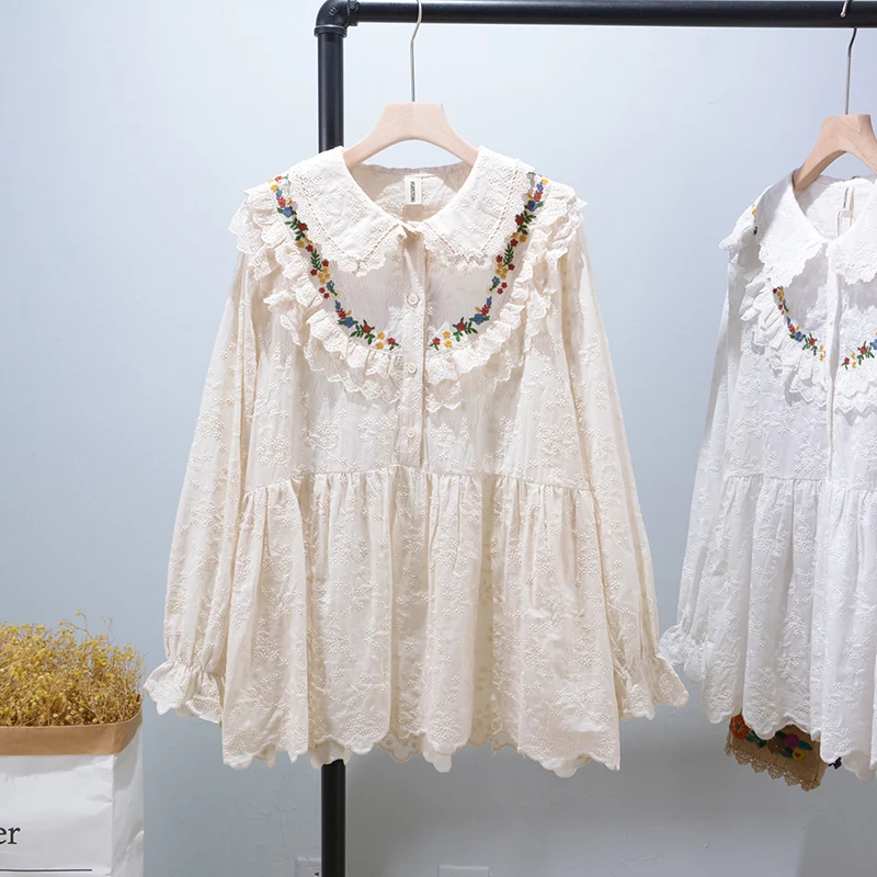 

Женская модная весенняя блузка Sweet Princ Sle из свободного хлопка с вышивкой и кружевом, с длинным рукавом и воротником-стойкой