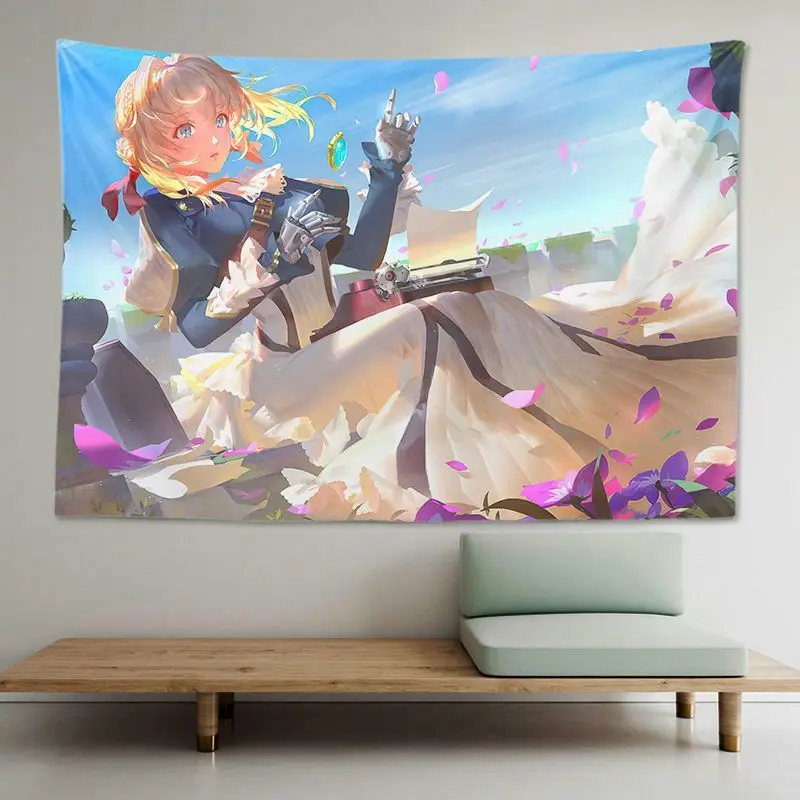VIKAMA Vintage Anime Violet Evergarden Tapestry Printed Fabric Wall Hanging Aesthetic Dorm Bedroom Home Decor Polyester Cloth