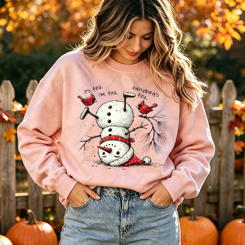 Christmas Snowman Sweatshirt Women Funny I'm Fine Cardinal Print Crewneck Pullover Winter Holiday Gift