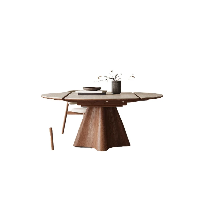 

Travertine rock slab solid wood retractable dining table, round medieval household small apartment variable round table