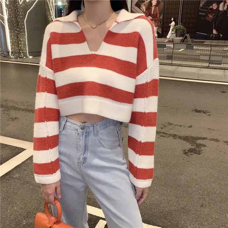 Turn-down Collar Contrast Color Long Sleeve Pullover Sweater Knitted Striped Casual Women\'s Clothing Spring Autumn Trendy Tops