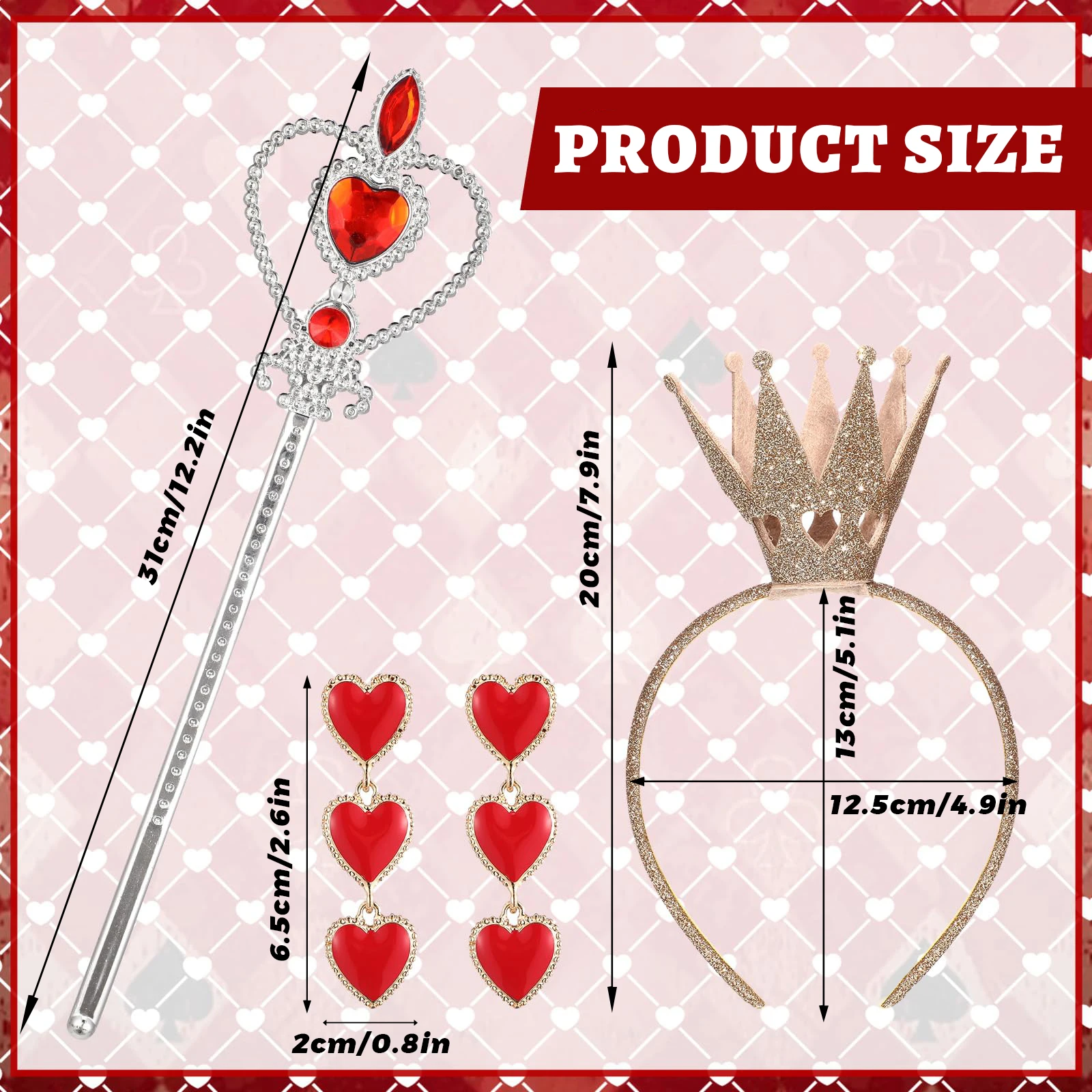 3 Pcs Halloween Queen Cosplay Costume Accessories Crown Headband Heart Rhinestone Scepter Wand Heart Dangle Earrings