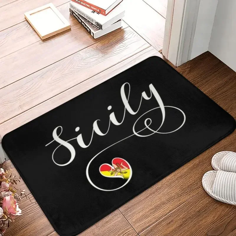 1PCSicily Flag Heart Doormat Mat Anti-Slip Sicilia Trinacria Bath Kitchen Garage Rug Carpet 40*60cm Living Room Entrance Footpad