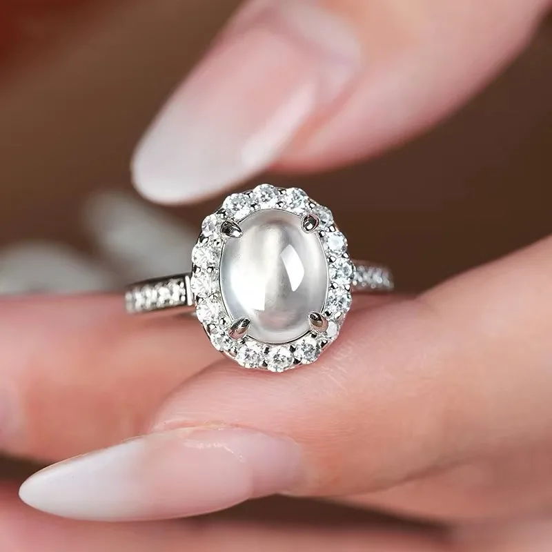 Natural water-foam jade, translucent gray agate, white chalcedony, vintage style open , oval cabochon ring