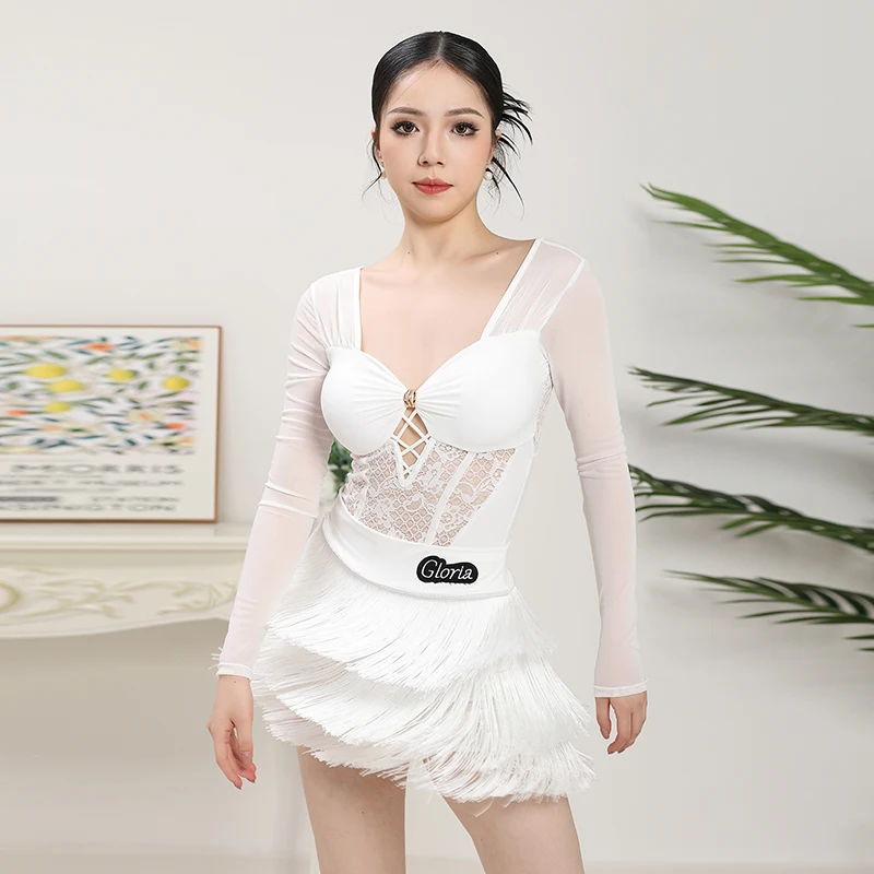 섹시한 라틴 복장 여성 성능 의류 차차 살사 삼바 댄스 의상 레이스 메쉬 바디 슈트 프린지 스커트 연습복 4270