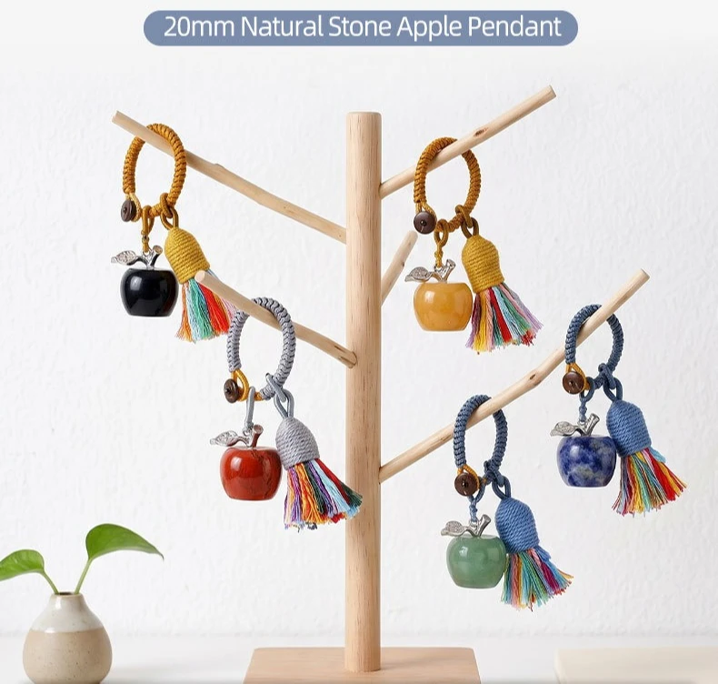 20mm Naturkristall-Stein Apfelförmiger Auto-Anhänger mit Bunten Quasten Amethyst Rosenquarz Heim- und Büro-Schreibtisch-Deko – Detail 1