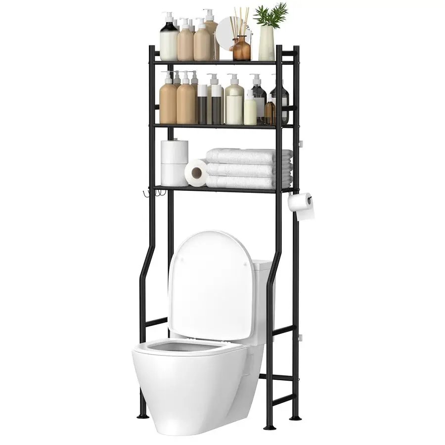 

3Tier Over The Toilet Storage, Space Saver Metal Bathroom Shelves, Freestanding Above Over Toilet Storage Shelf with 4 Hooks fo