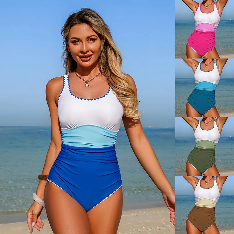 One Piece Swimsuit Swimming Suit for Women New Fashion Retro Japanese Style Backless Simple High-Waisted Beach Vacation Dress