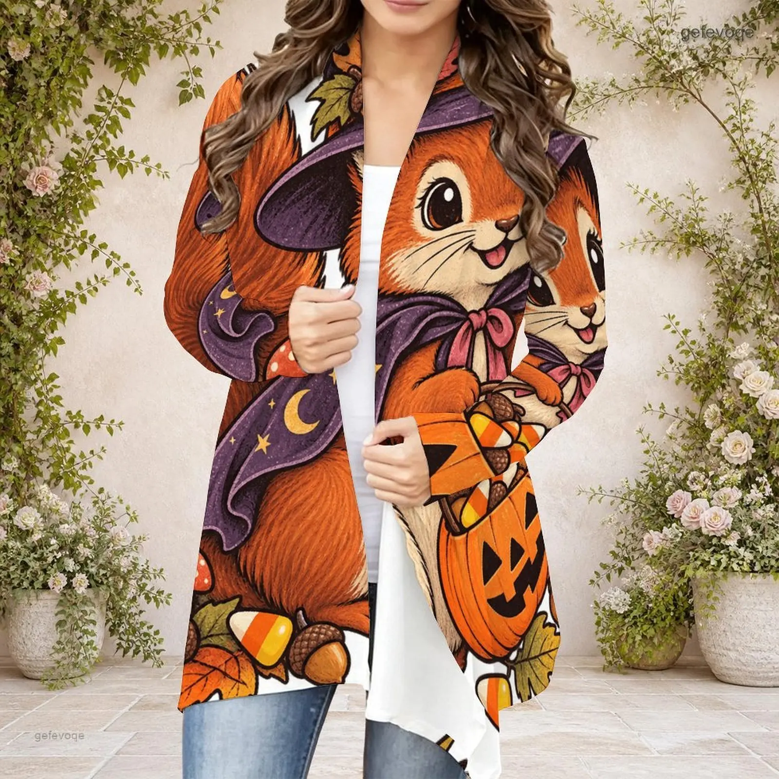 Women Printed Cardigan Long Sleeve Open Front Draped Collar Curved Hem