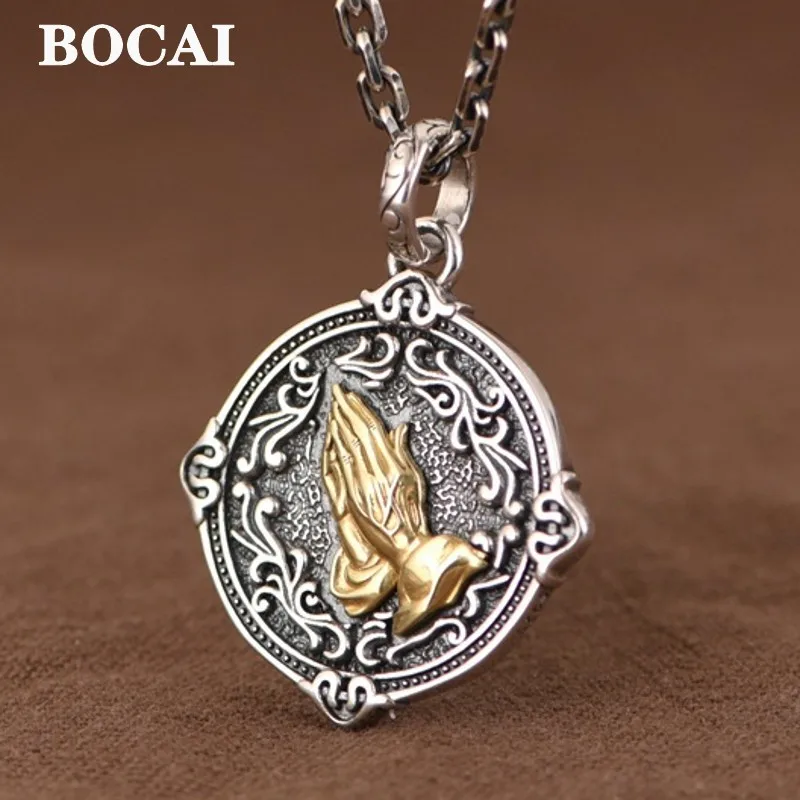 BOCAI New 100% S925 Silver Retro Craft Cross Flower Double Hand Prayer Vine Pattern Pendant for Men and Women Good Luck Jewelry