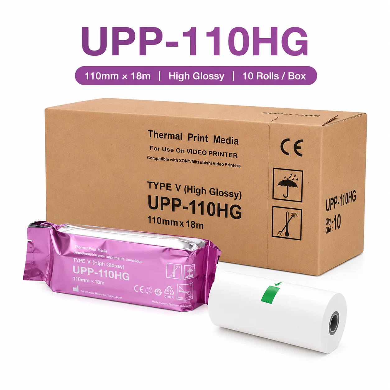 UPP-110HG Ultrasound Thermal Paper 110mm x 18m High Glossy Medical Video Printer Paper for B/W Image Printing 1/5/10 Rolls