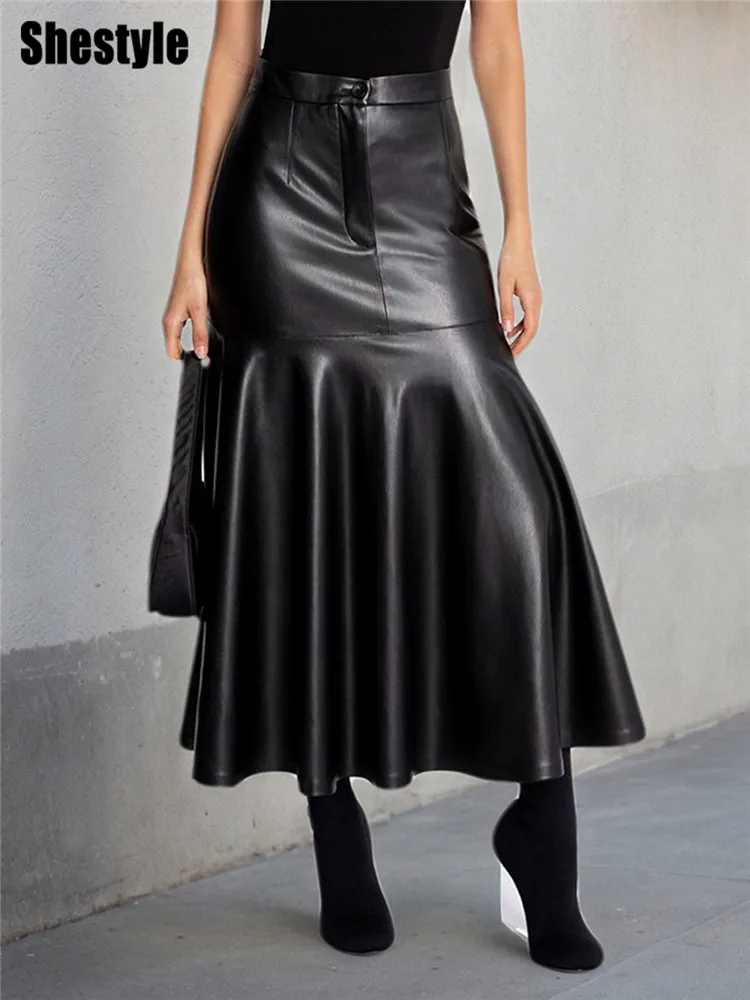 Shestyle plissado linha a couro do plutônio preto saia longa para o inverno sólido zíper voar cintura alta senhora do escritório workwear elegante graça