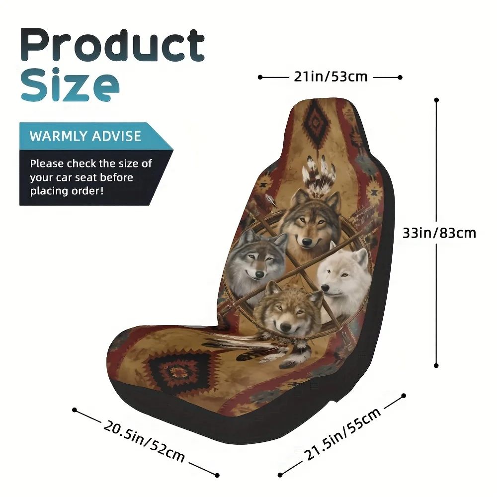 2pcs Wolf Print Car Seat Covers - Stylish Streetwear Design, Machine Washable, Polyester Fiber, Universal Fit For Most Sedans &