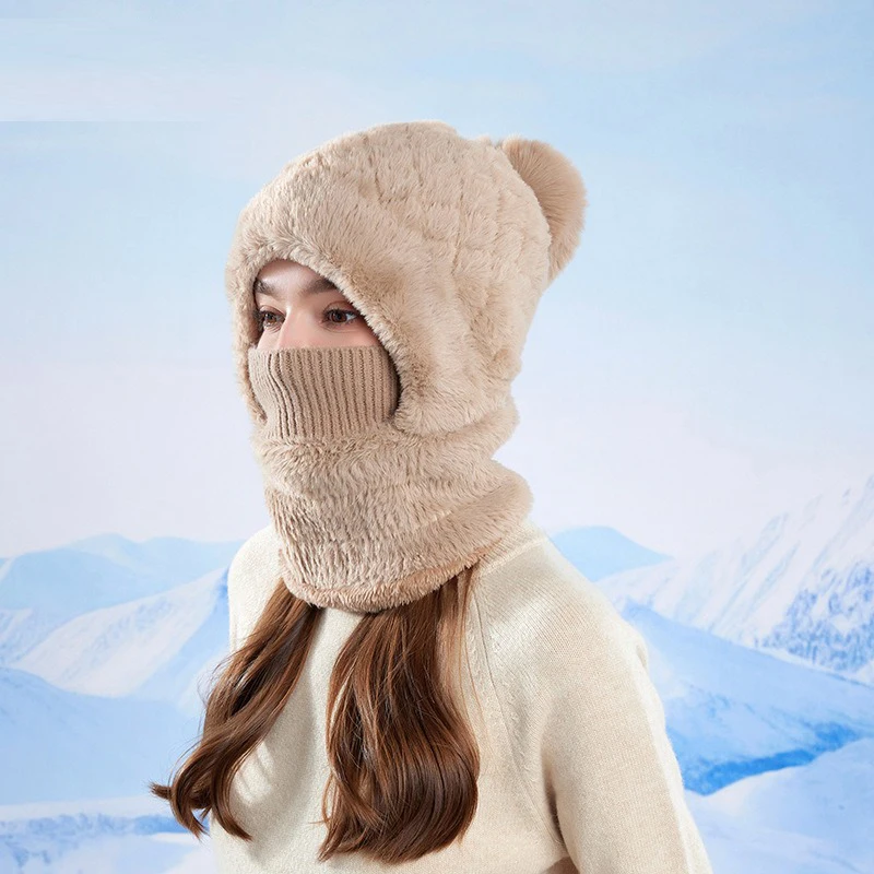 

Winter warm pullover hat scarf face mask integrated hat ladies outdoor cycling thick padding ear protection knitted woolen hat