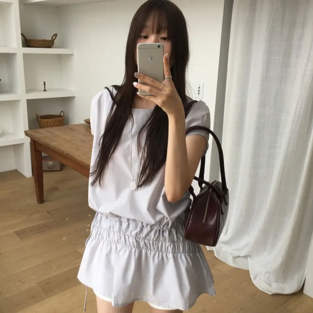 Drawstring Short Sleeve Bubble Hem Gown Slimming Waist Design Casual Commute Style High Waist Bubble Sleeve round Neck Dress