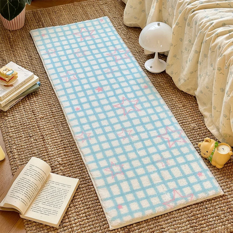 VIKAMA Blue Pink Printed Bed Edge Floor Mat Bathroom Non Slip Carpet Bedroom Entrance Grid Soft Floor Mat Home Decoration