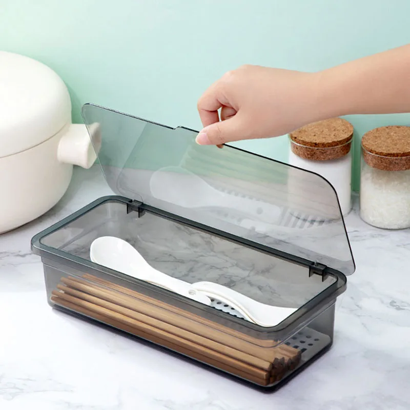 Cutlery Storage Tray Holder Tableware Organizer Spoon Fork Storage Box Plastic Container Cutlery Rack With Lid And Drainer