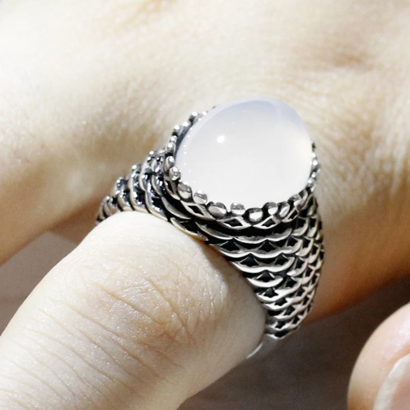 S925 Sterling Silver Ring Türkiye Men's Handmade Jewelry Gift Natural White Agate Vintage Punk Luxury Holiday Gift image 6