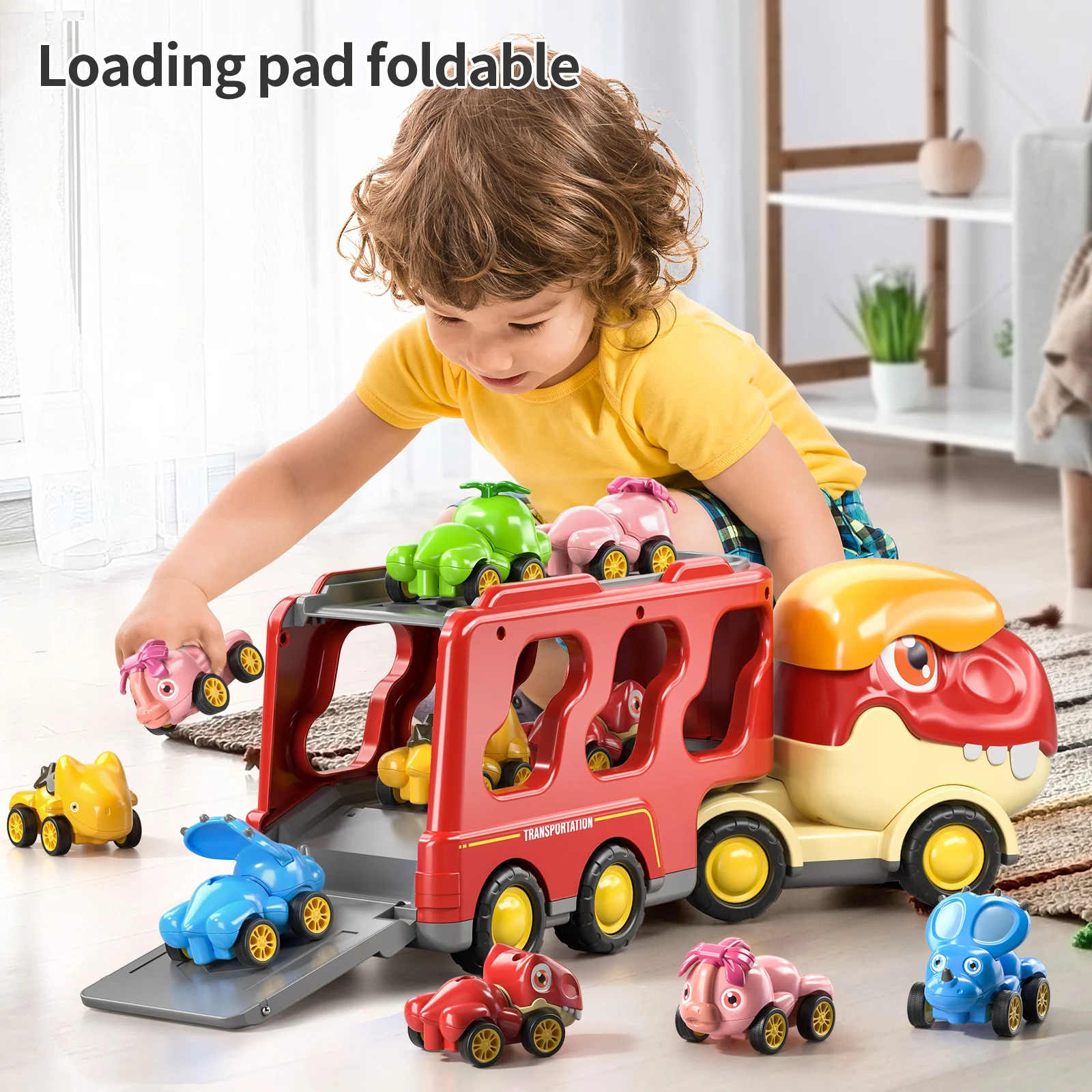 Magical Dinosaur Kids Car Toy Set Transporter Toy with 5 Pieces Dinosaur Figure Car Kids Educational Gift for Boys and Girls