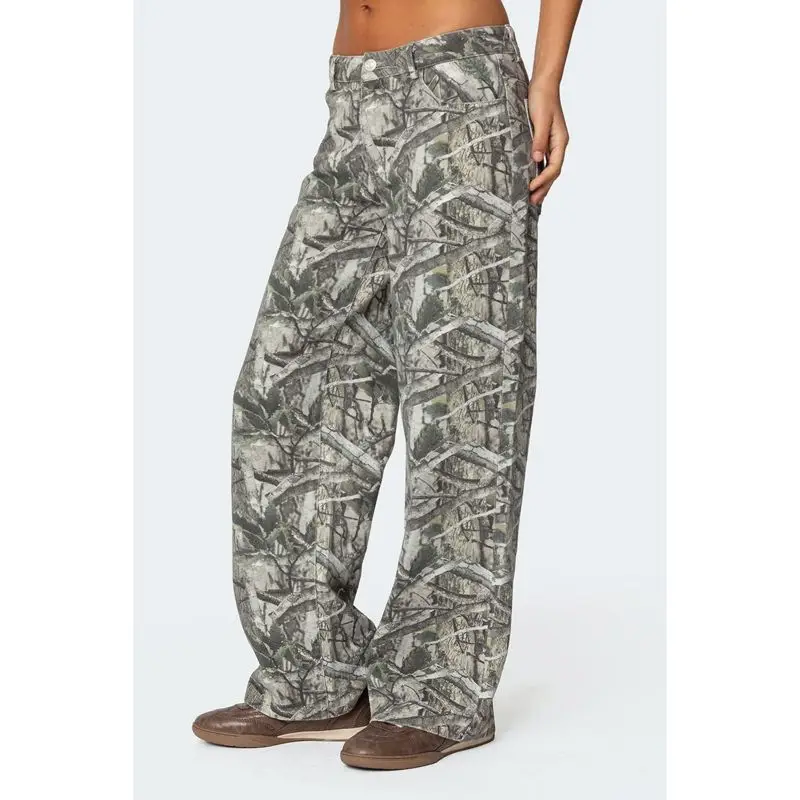 

Women Y2K Camouflage Print Loose Straight Leg Denim Long Pants Casual Bow Embroidery Pocket Trendy Jeans Trousers