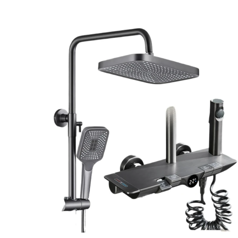 

Piano button rain shower set thermostatic copper gun gray smart bath