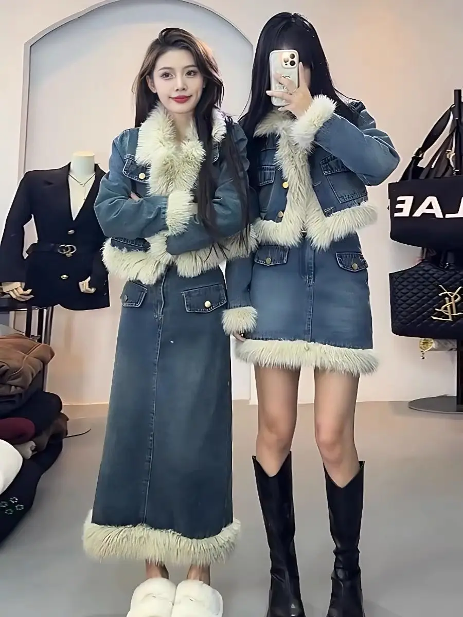

Autumn and Winter New Women Denim Two Piece Skirt Sets Fur Splicing Long Sleeve Short Jacket + High Waits A Line Skirt Outfits