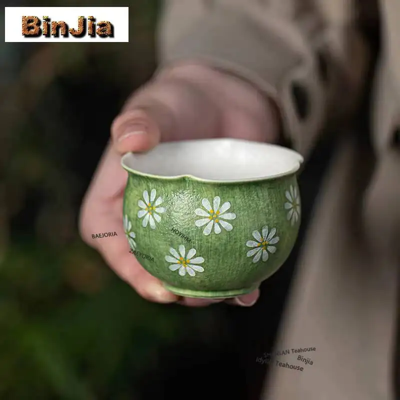 150ml Hand Drawn Daisy Flower Mouth Teacup Boutique Tea Bowl Jug Tea-tasting Smelling Cup Jianzhan Master Cups Teaset Ornaments
