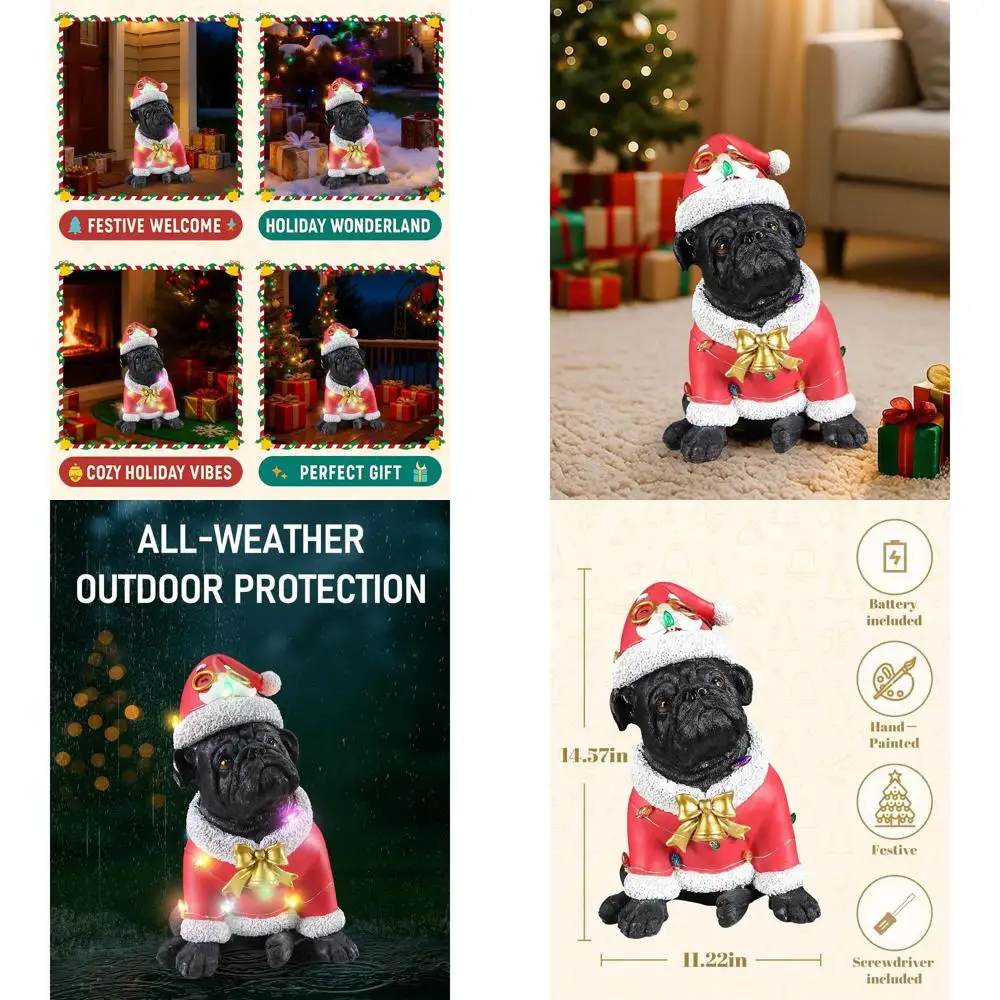 

Christmas Dog Statue Decorations - Santa Gifts, Bulldog with Red Hat, LED Lights, Home Indoor Outdoor Xmas Presents