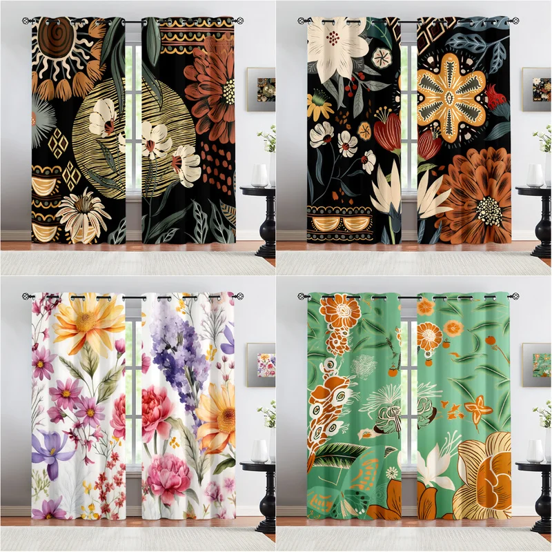 Vintage Ethnic Wild Flower Print Curtains Thermal Insulated Window Drapes for Bedroom Living Room Home Decor Light Blocking