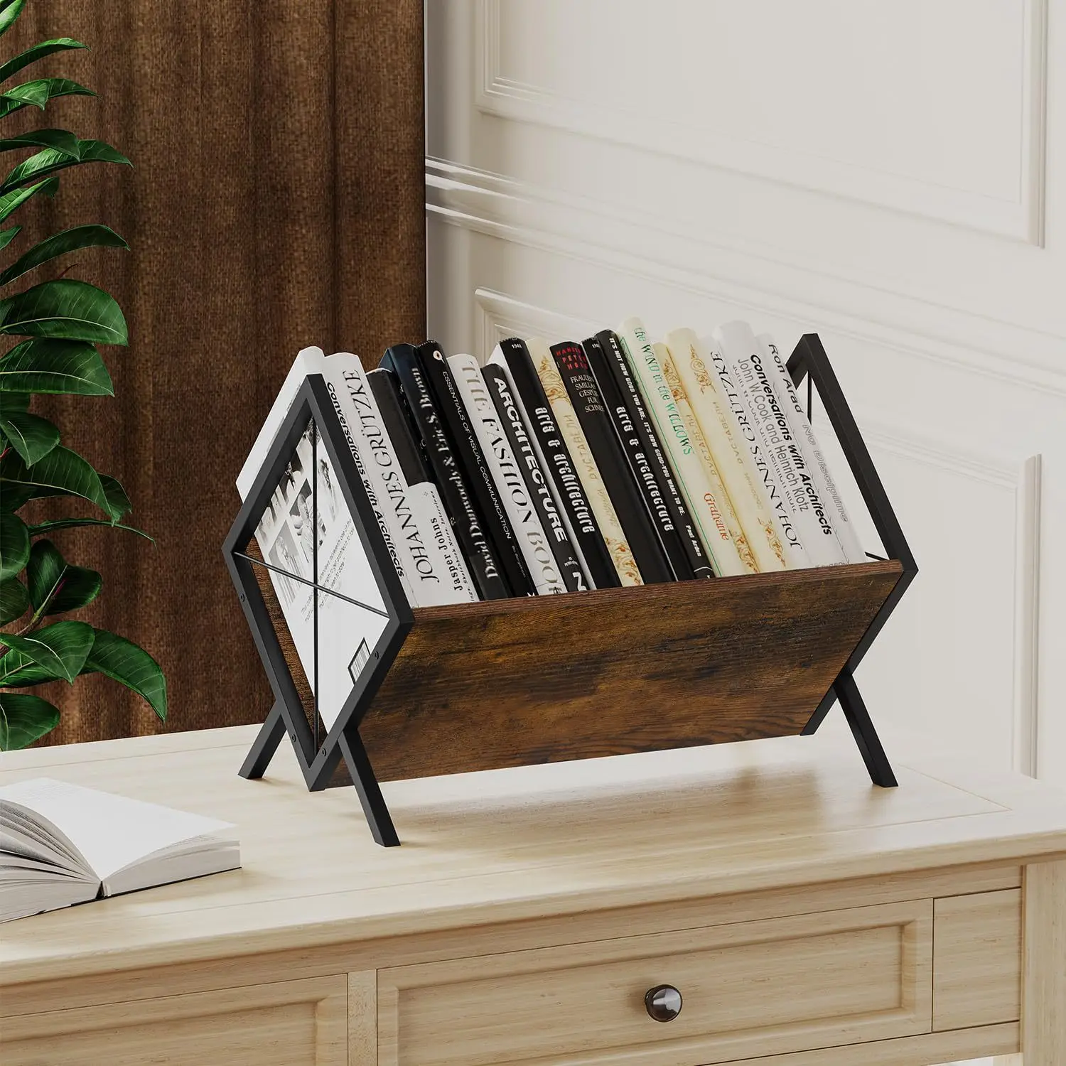 

Solid Wood Retro Vinyl Record Storage Rack, Iron Wood Combined with Office Desktop Large-capacity Magazine Rack