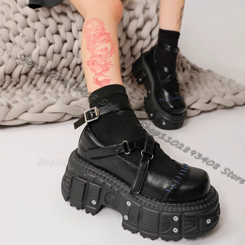 Black Ankle Buckle Casual Shoes Rivet Decor Muffin Bottom Round Toe Solid Shoes Fall Punk Style Women Shoes Zapatos Para Mujere