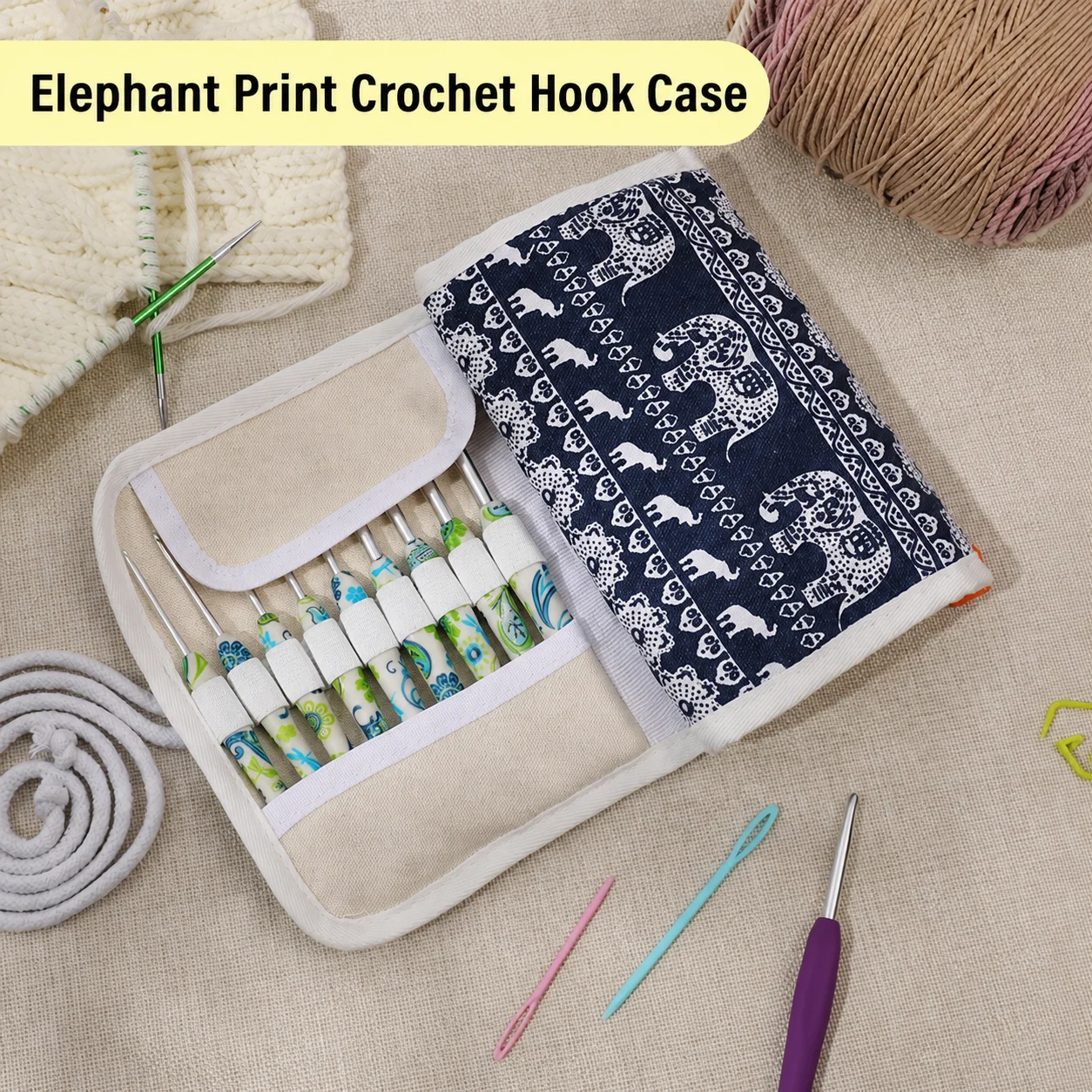Canvas Tool Organizer Foldable Crochet Hooks Storage Bag Crochet Accessories Bag Easy To Clean Canvas Crochet Organizer