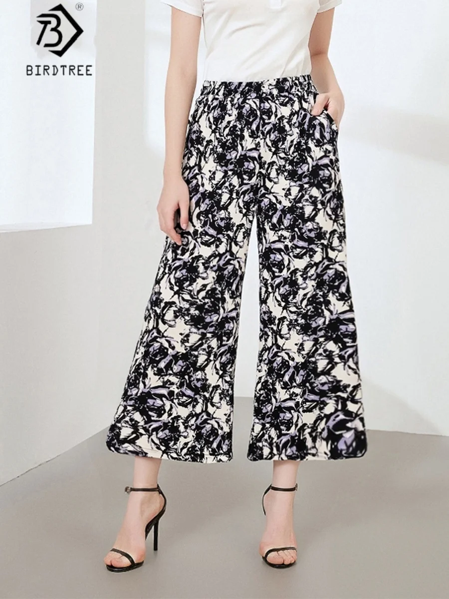 

Birdtree 25% шелк 75% трикотажные брюки с принтом вискозы, женские мягкие прямые свободные дышащие брюки с эластичной резинкой на талии и карманом P59242JF