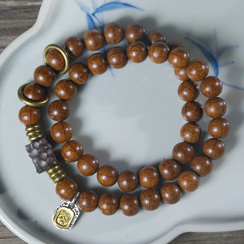 Chinese Style Lucky Six Wood Double Layer Bracelet Hammered Spacer Beads Ebony Accessory Silver Plated Pendant Blessing Wealth